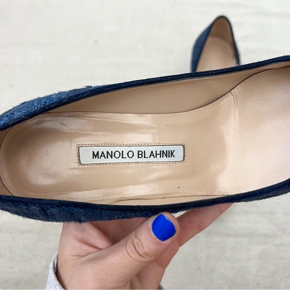 Manolo Blahknik Blue tweed pointed toe heels size 37.5 - Picture 7 of 9